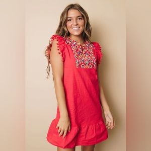 Embroidered Pompom Red Dress